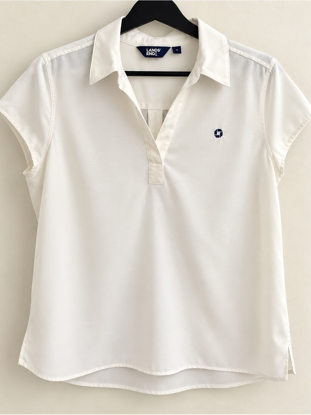 Lands' End Women's Cream Short-Sleeve Polo Shirt with Navy Logo